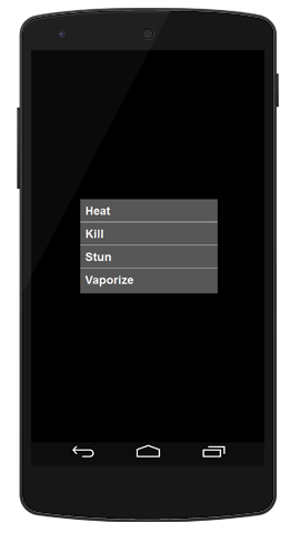 The Phaser app's menu, offering a choice of Heat, Kill, Stun, and Vaporize